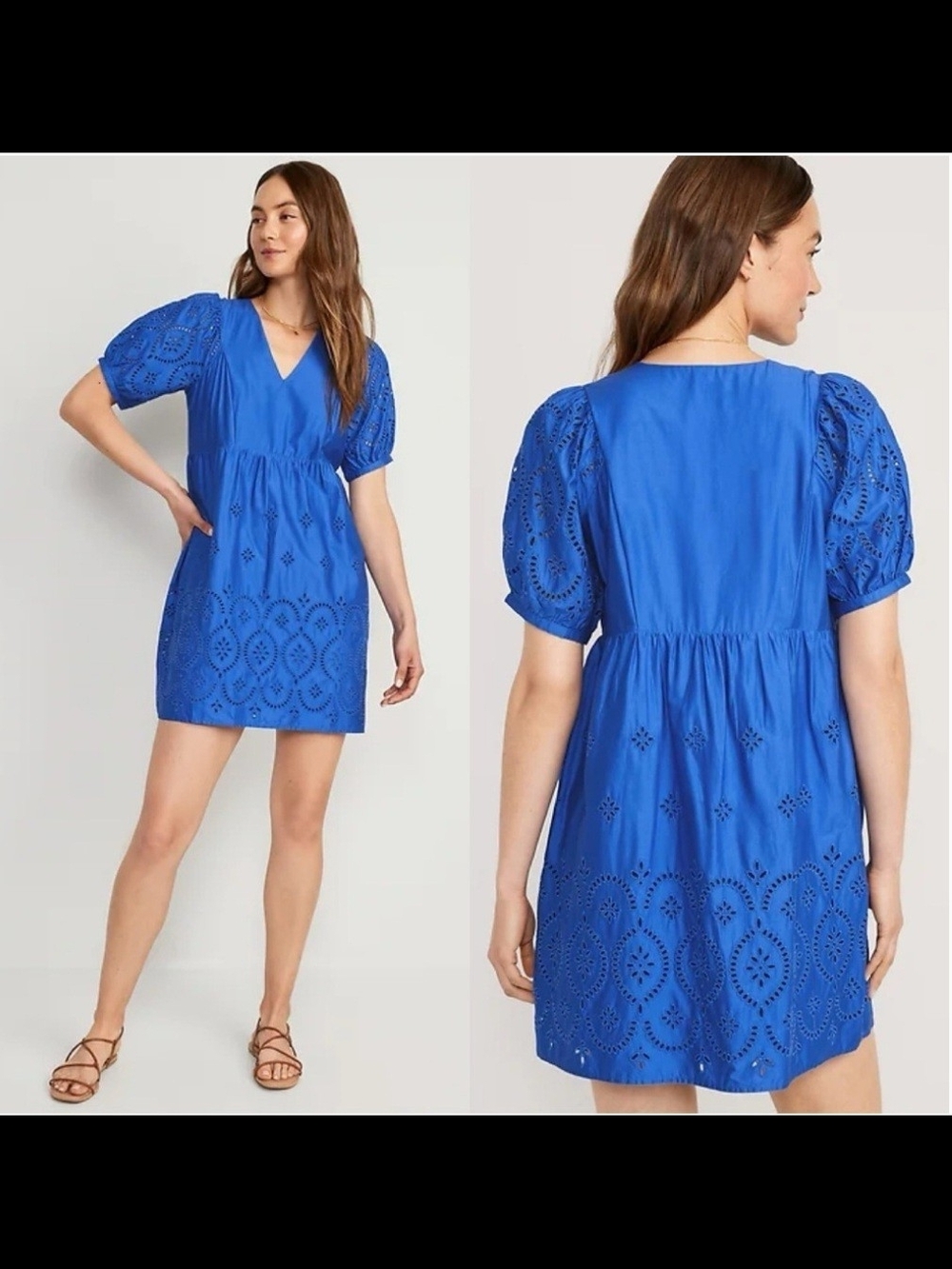 🎆 Old Navy Royal Blue Lined Eyelet Midi Dress with Puff Sleeves 🎆